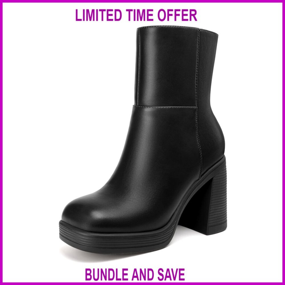 Platform Ankle Boots with Chunky Block Heel and Square Toe